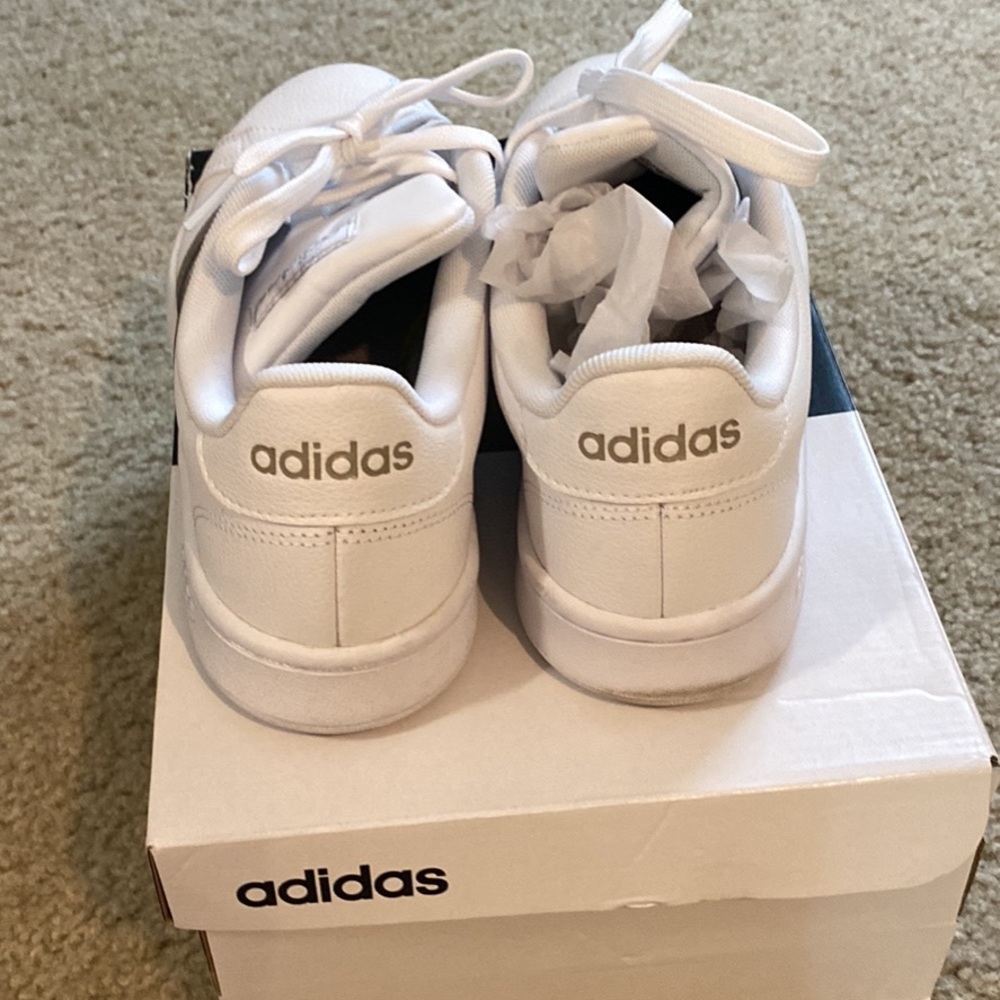 Adidas silver and white sneakers